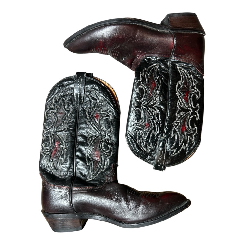 J. Chisholm Mens Vintage Western Cowboy Boots Burgundy Black Leather 12 D USA - Picture 3 of 6